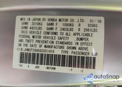 2008 Honda Accord 2.4 Ex-L from USA, damaged, VIN JHMCP26868C051416